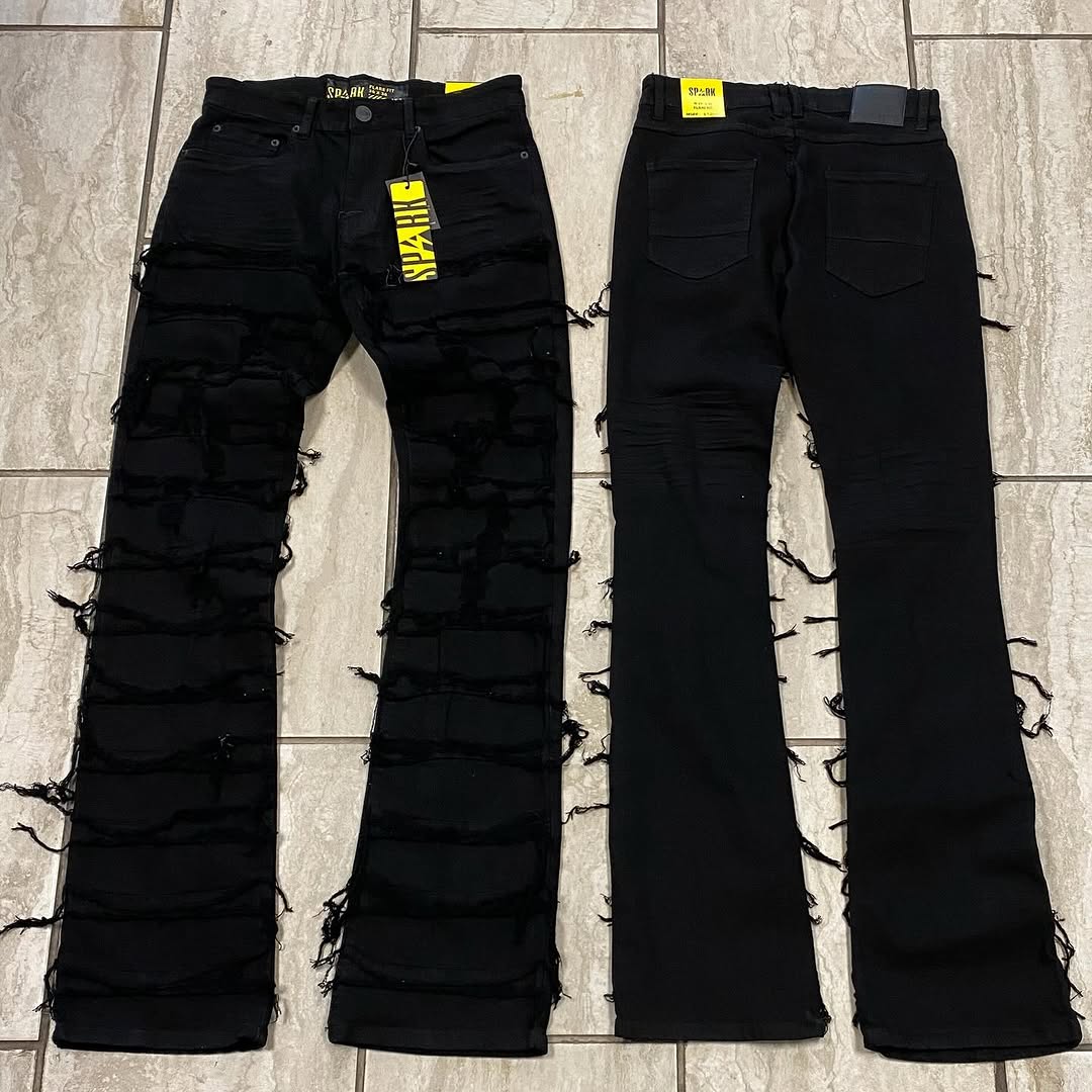 Black Frayed Distressed Stacked Jeans