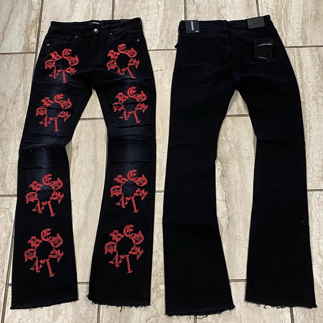 Black Stacked Jeans with Red Gothic Lettering