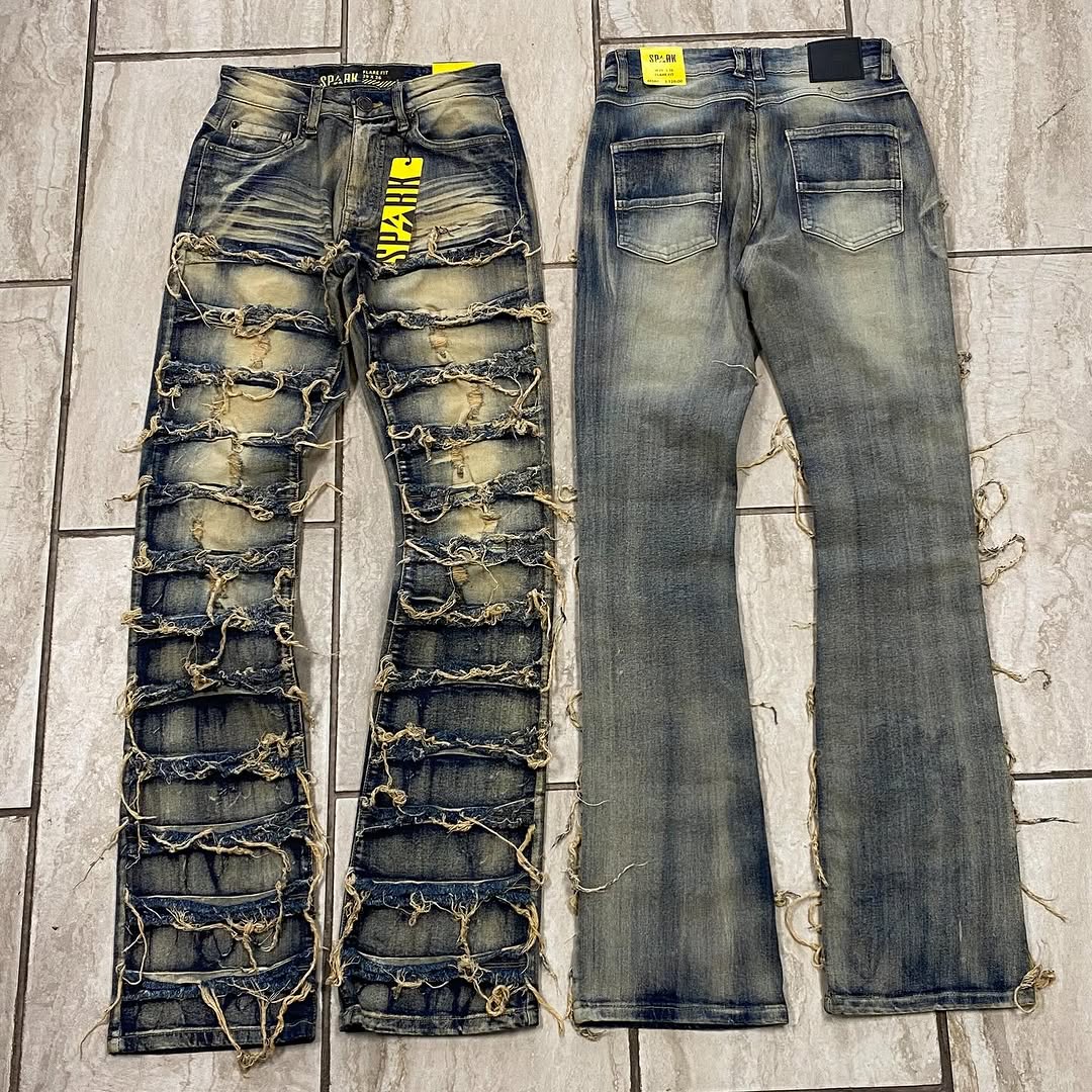 Black Frayed Distressed Stacked Jeans