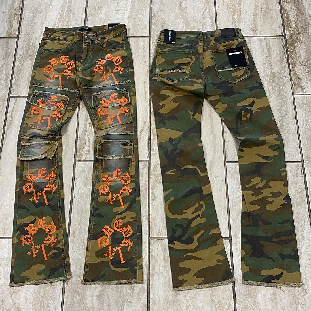 Camo Stacked Jeans with Orange Gothic Letter Embroidery